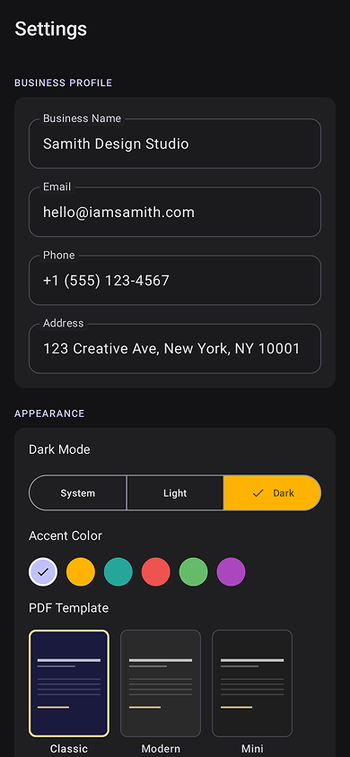 Settings screen